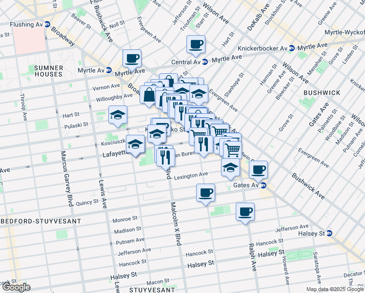 map of restaurants, bars, coffee shops, grocery stores, and more near 495 Van Buren Street in Brooklyn