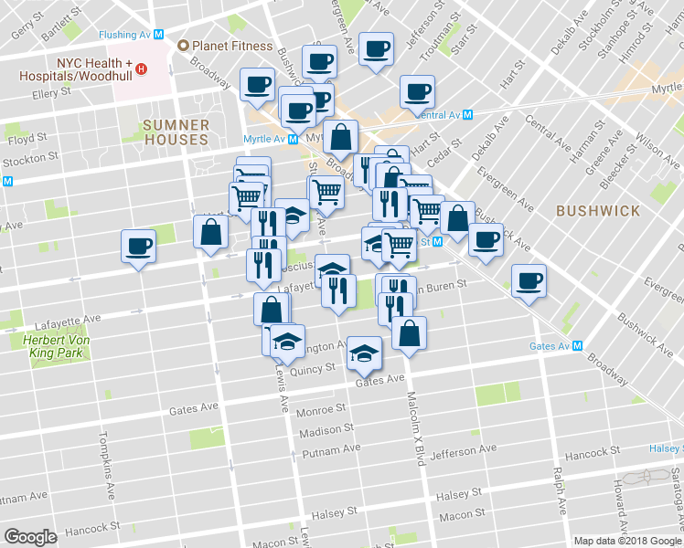 map of restaurants, bars, coffee shops, grocery stores, and more near 963 Lafayette Avenue in Brooklyn