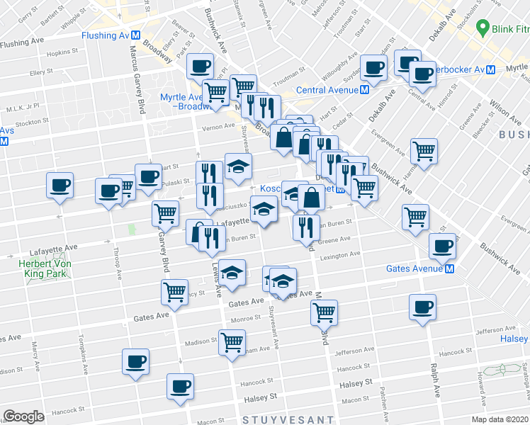 map of restaurants, bars, coffee shops, grocery stores, and more near 963 Lafayette Avenue in Brooklyn
