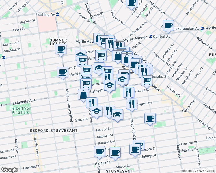 map of restaurants, bars, coffee shops, grocery stores, and more near 963 Lafayette Avenue in Brooklyn