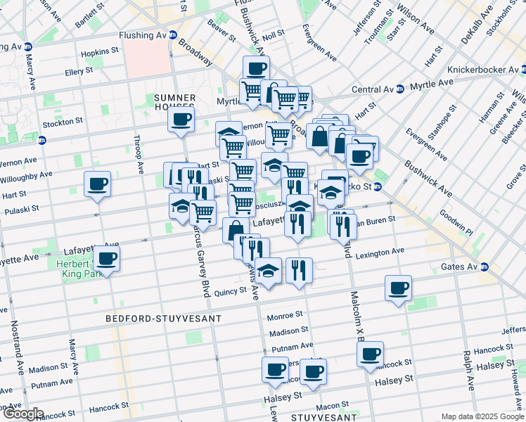 map of restaurants, bars, coffee shops, grocery stores, and more near 935 Lafayette Avenue in Brooklyn
