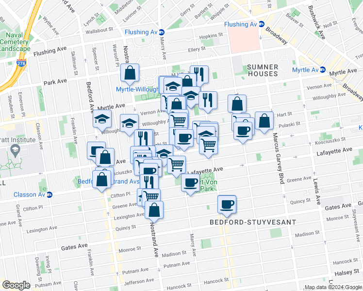 map of restaurants, bars, coffee shops, grocery stores, and more near in Brooklyn