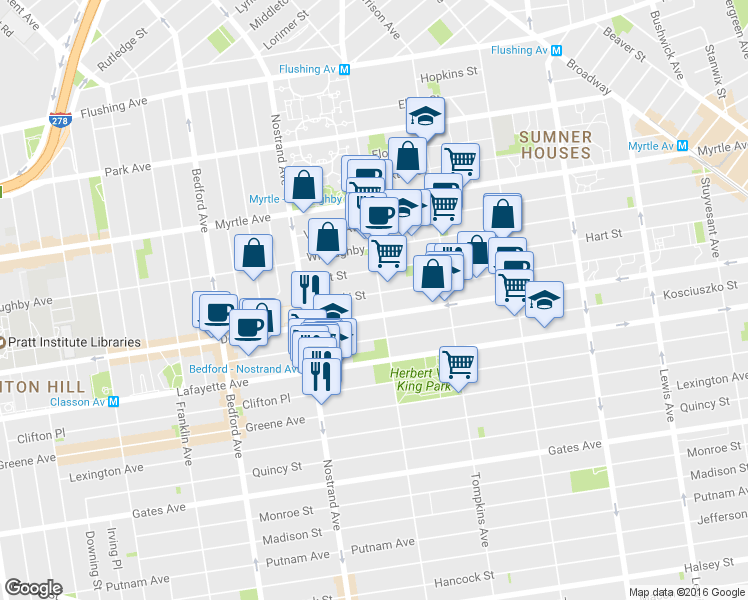 map of restaurants, bars, coffee shops, grocery stores, and more near 670 Marcy Avenue in Brooklyn