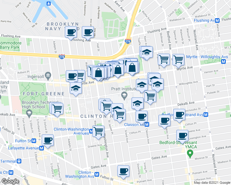 map of restaurants, bars, coffee shops, grocery stores, and more near 192 Grand Avenue in Brooklyn