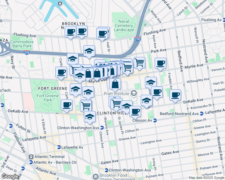 map of restaurants, bars, coffee shops, grocery stores, and more near in Brooklyn