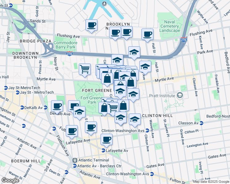 map of restaurants, bars, coffee shops, grocery stores, and more near 191 Carlton Avenue in Brooklyn