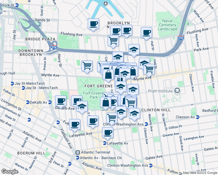 map of restaurants, bars, coffee shops, grocery stores, and more near 191 Carlton Avenue in Brooklyn