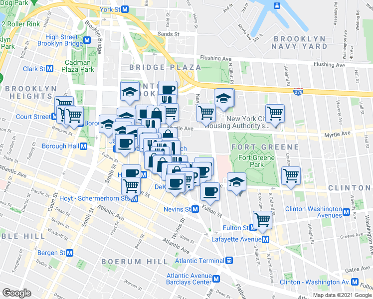 map of restaurants, bars, coffee shops, grocery stores, and more near 75 DeKalb Avenue in Brooklyn