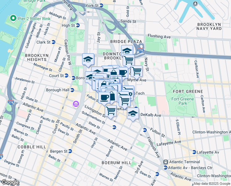 map of restaurants, bars, coffee shops, grocery stores, and more near 106 Willoughby Street in Brooklyn