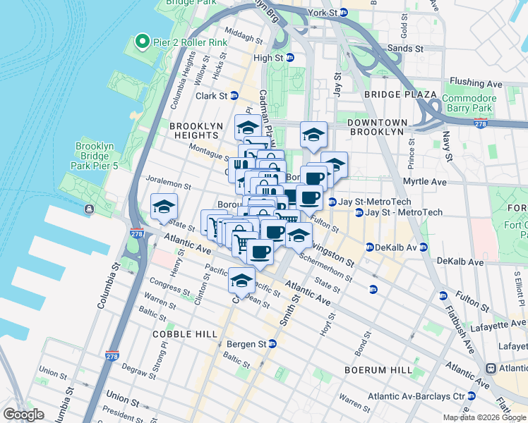 map of restaurants, bars, coffee shops, grocery stores, and more near 86 Court Street in Brooklyn