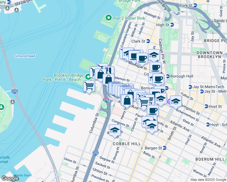 map of restaurants, bars, coffee shops, grocery stores, and more near 41 State Street in Brooklyn
