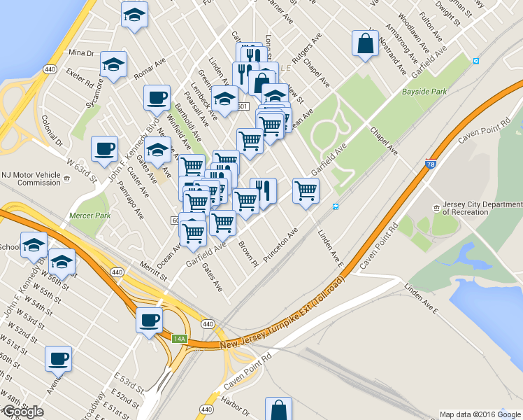 map of restaurants, bars, coffee shops, grocery stores, and more near 64 Winfield Avenue in Jersey City