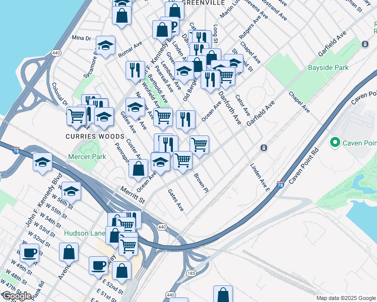 map of restaurants, bars, coffee shops, grocery stores, and more near 87 Winfield Avenue in Jersey City