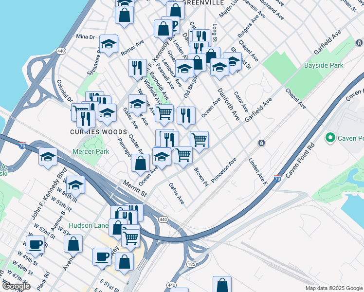 map of restaurants, bars, coffee shops, grocery stores, and more near 87 Winfield Avenue in Jersey City