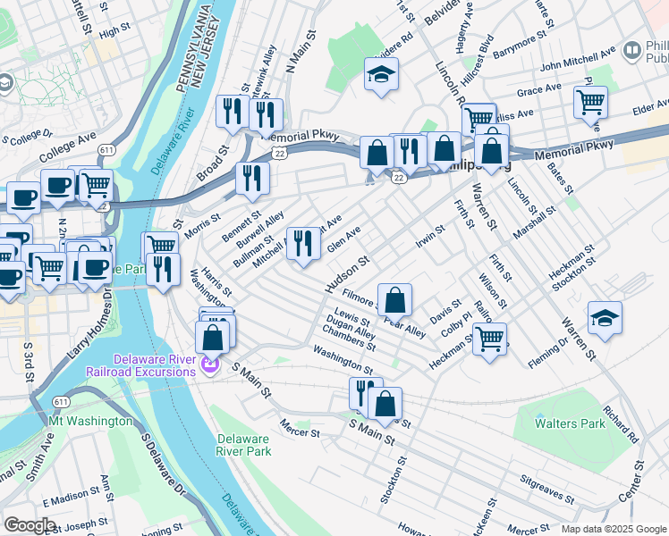 map of restaurants, bars, coffee shops, grocery stores, and more near 121 Filmore Street in Phillipsburg