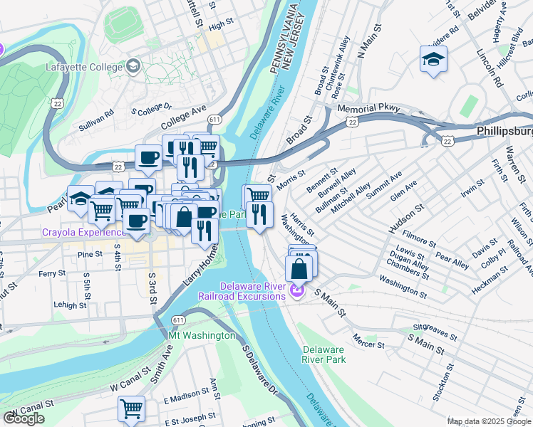 map of restaurants, bars, coffee shops, grocery stores, and more near 16 North Main Street in Phillipsburg