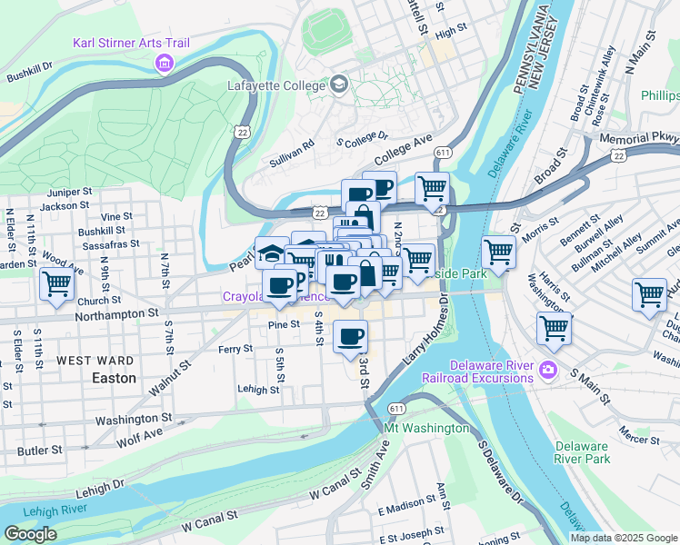 map of restaurants, bars, coffee shops, grocery stores, and more near 24 North 3rd Street in Easton