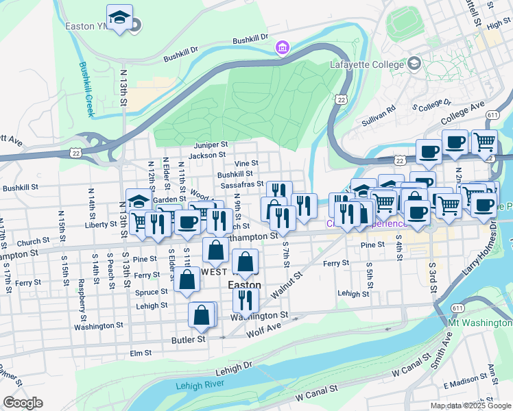 map of restaurants, bars, coffee shops, grocery stores, and more near 13 North Mulberry Street in Easton