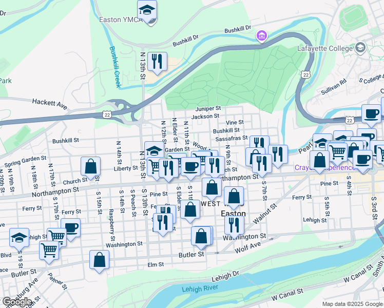 map of restaurants, bars, coffee shops, grocery stores, and more near 116 North Warren Street in Easton