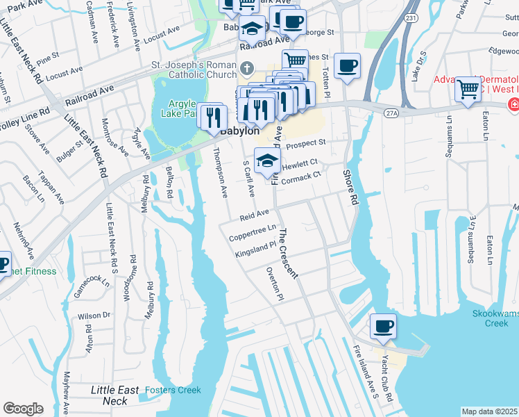 map of restaurants, bars, coffee shops, grocery stores, and more near 111 South Carll Avenue in Babylon