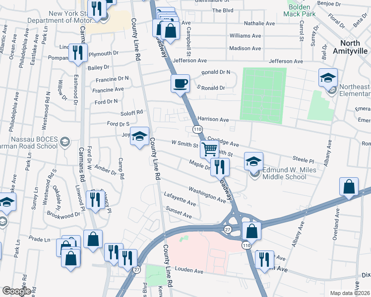 map of restaurants, bars, coffee shops, grocery stores, and more near 24 West Smith Street in Amityville