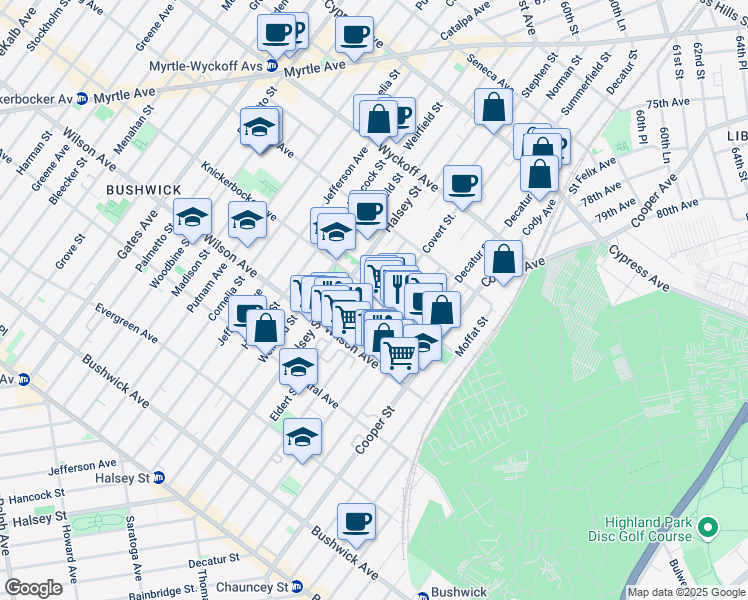 map of restaurants, bars, coffee shops, grocery stores, and more near 816 Knickerbocker Avenue in Brooklyn