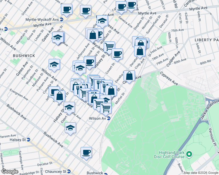 map of restaurants, bars, coffee shops, grocery stores, and more near in Brooklyn