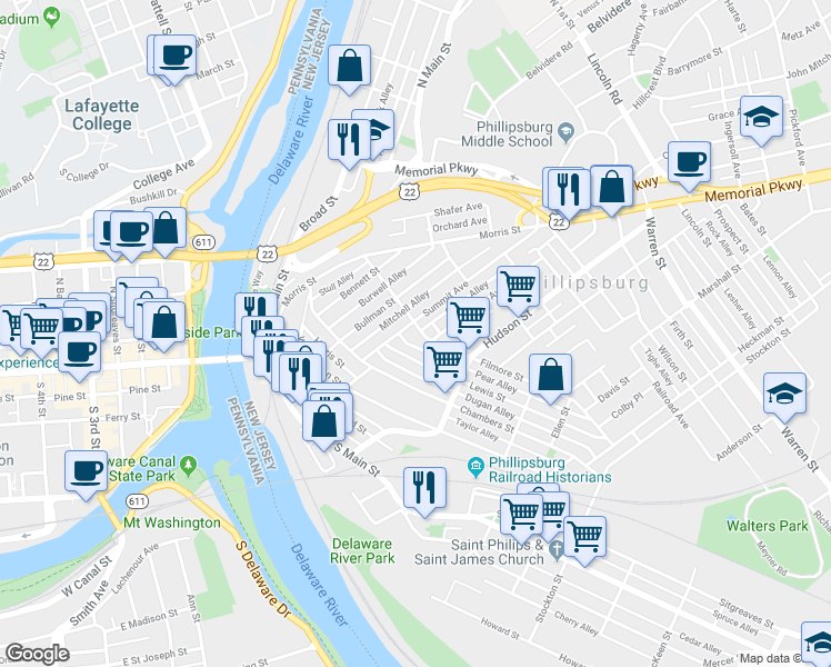 map of restaurants, bars, coffee shops, grocery stores, and more near 76 Filmore Street in Phillipsburg