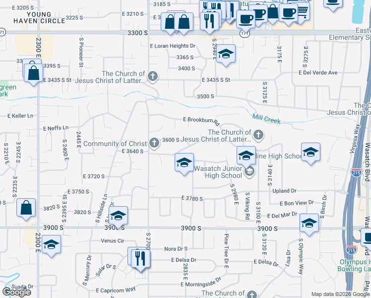 map of restaurants, bars, coffee shops, grocery stores, and more near 2828 East Craig Drive in Salt Lake City