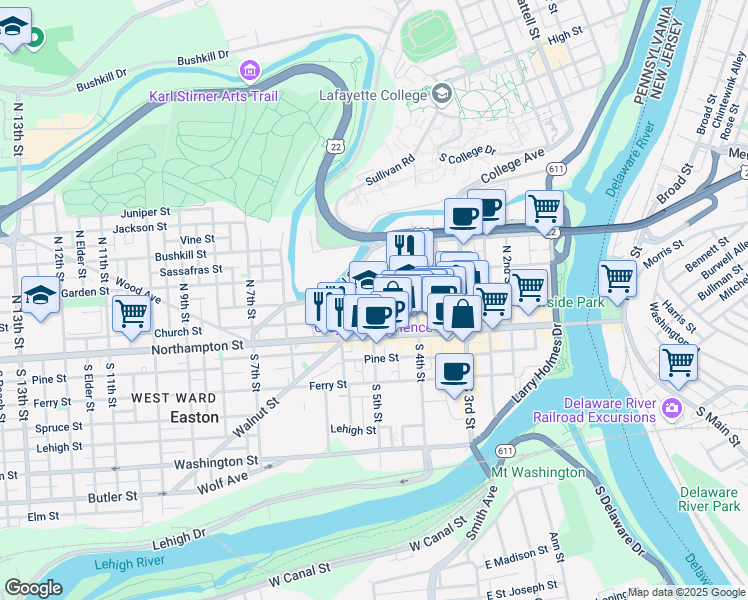 map of restaurants, bars, coffee shops, grocery stores, and more near 45 North 5th Street in Easton