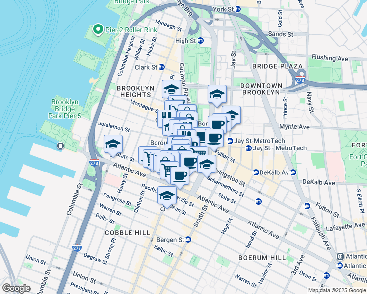 map of restaurants, bars, coffee shops, grocery stores, and more near 86 Court Street in Brooklyn