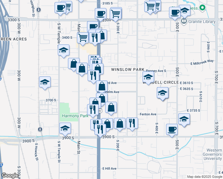 map of restaurants, bars, coffee shops, grocery stores, and more near 153 East Helm Avenue in South Salt Lake