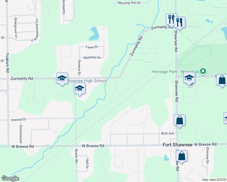 map of restaurants, bars, coffee shops, grocery stores, and more near 2340 Meadow Lane in Lima