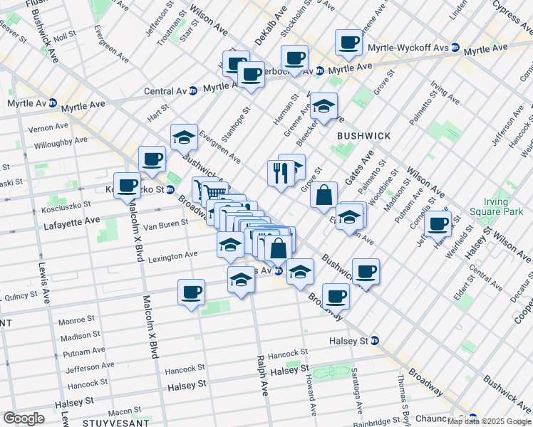 map of restaurants, bars, coffee shops, grocery stores, and more near Bushwick Avenue & Menahan Street in Brooklyn
