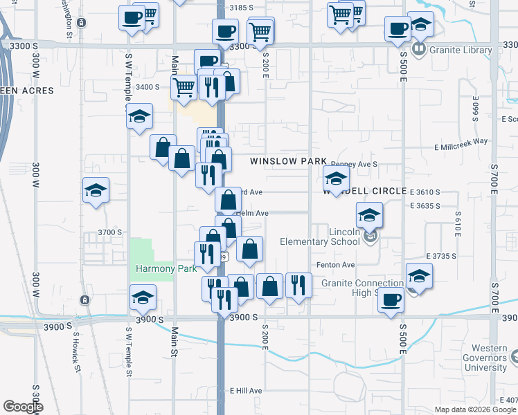 map of restaurants, bars, coffee shops, grocery stores, and more near 153 East Helm Avenue in South Salt Lake