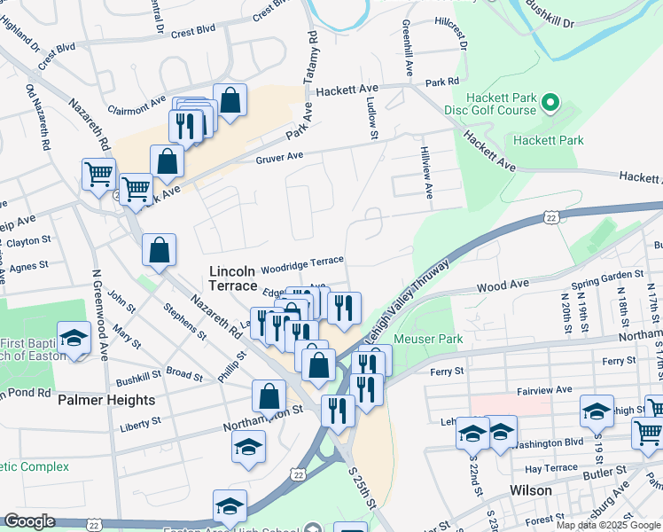 map of restaurants, bars, coffee shops, grocery stores, and more near 2310 Woodridge Terrace in Easton