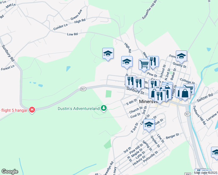 map of restaurants, bars, coffee shops, grocery stores, and more near 581 Sunbury Street in Minersville