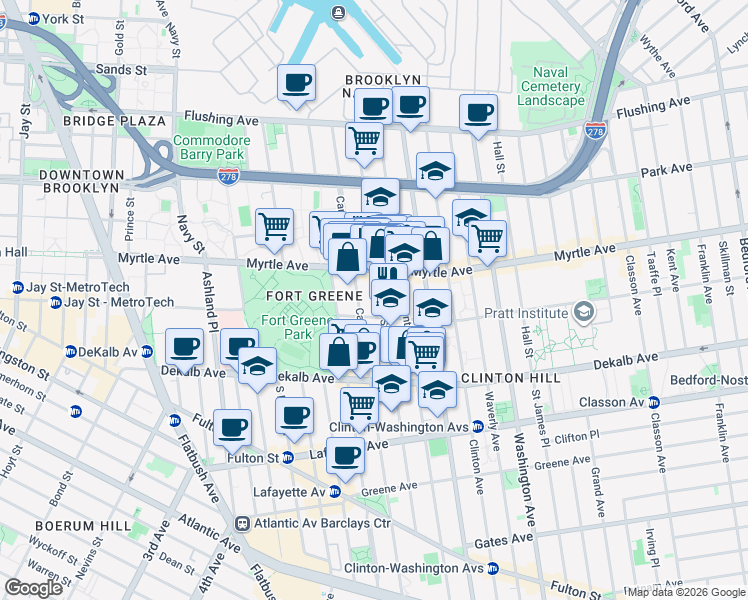 map of restaurants, bars, coffee shops, grocery stores, and more near 191 Carlton Avenue in Brooklyn