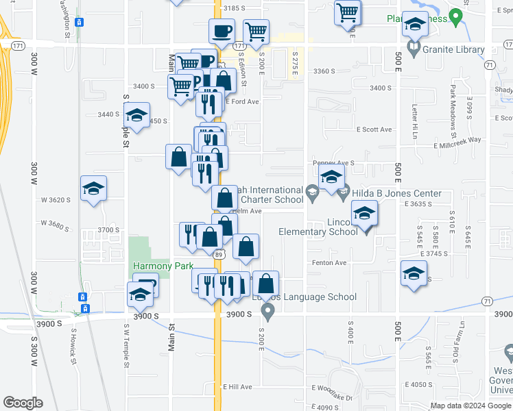 map of restaurants, bars, coffee shops, grocery stores, and more near 185 South Helm Avenue in South Salt Lake