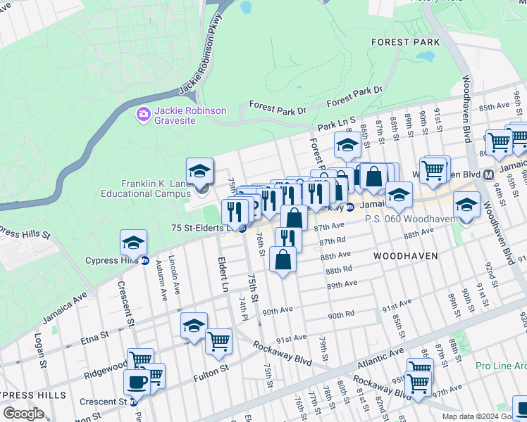 map of restaurants, bars, coffee shops, grocery stores, and more near 77-07 Jamaica Avenue in Queens