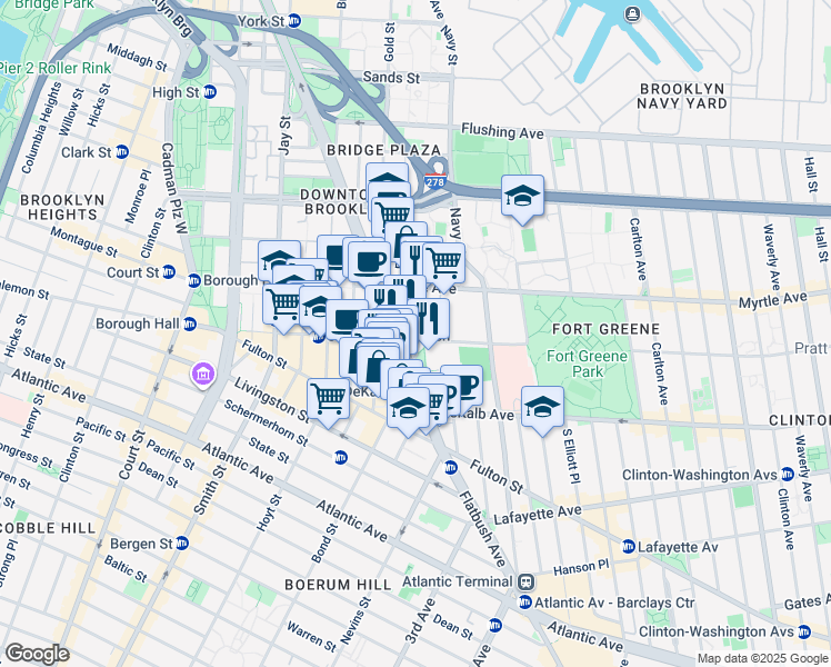 map of restaurants, bars, coffee shops, grocery stores, and more near 75 DeKalb Avenue in Brooklyn