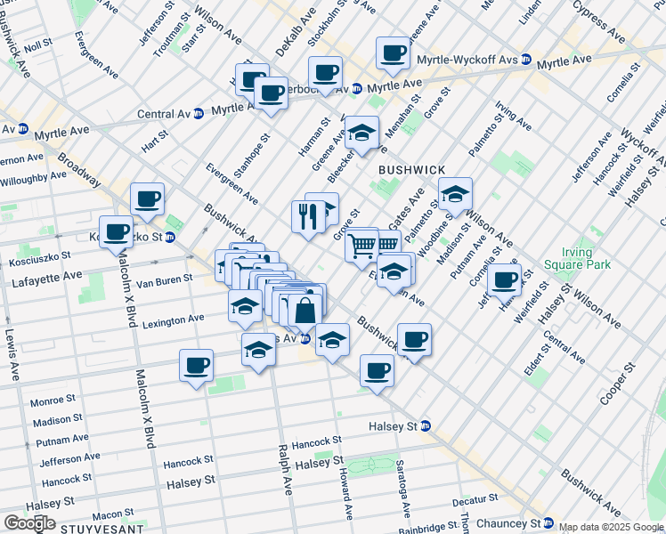 map of restaurants, bars, coffee shops, grocery stores, and more near 75 Linden Street in Brooklyn