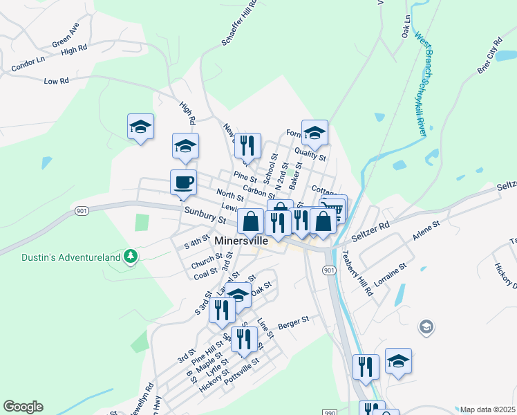 map of restaurants, bars, coffee shops, grocery stores, and more near 225 North Street in Minersville