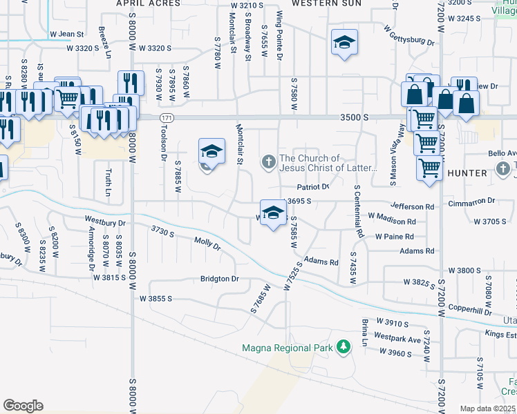 map of restaurants, bars, coffee shops, grocery stores, and more near 7677 Jefferson Road in Magna