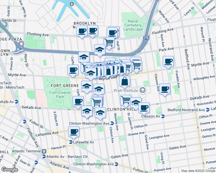map of restaurants, bars, coffee shops, grocery stores, and more near 200 Waverly Avenue in Brooklyn