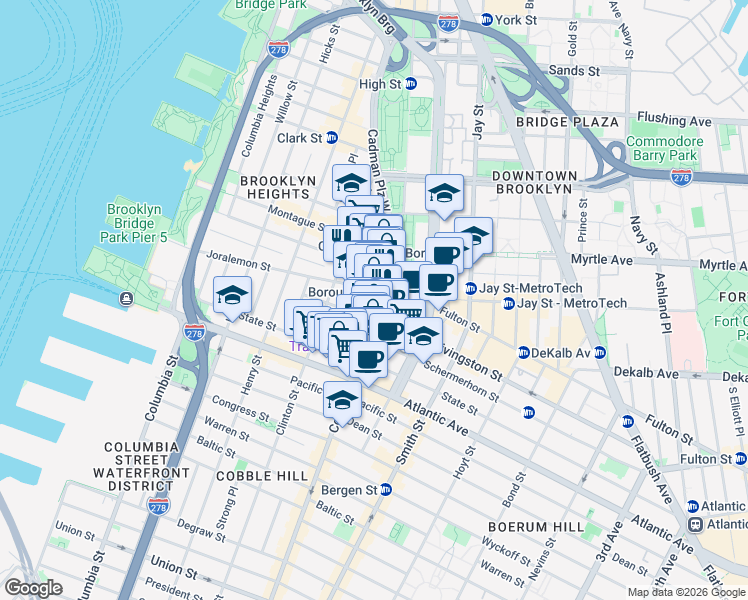 map of restaurants, bars, coffee shops, grocery stores, and more near 86 Court Street in Brooklyn