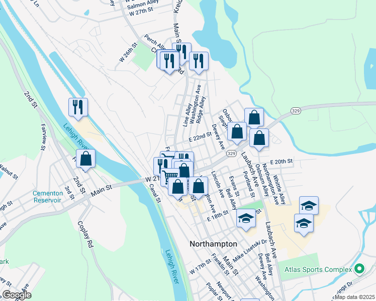 map of restaurants, bars, coffee shops, grocery stores, and more near 2167 Main Street in Northampton