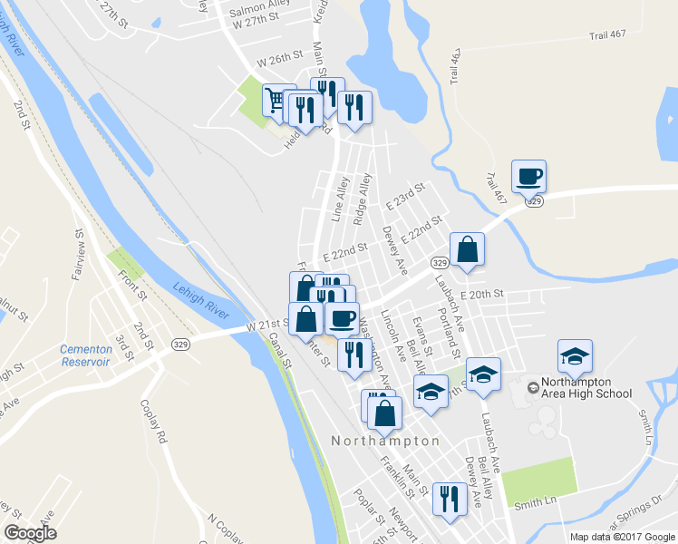 map of restaurants, bars, coffee shops, grocery stores, and more near 2170 Washington Avenue in Northampton