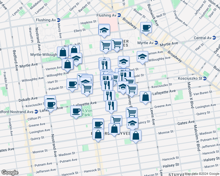 map of restaurants, bars, coffee shops, grocery stores, and more near 836 Dekalb Avenue in Brooklyn