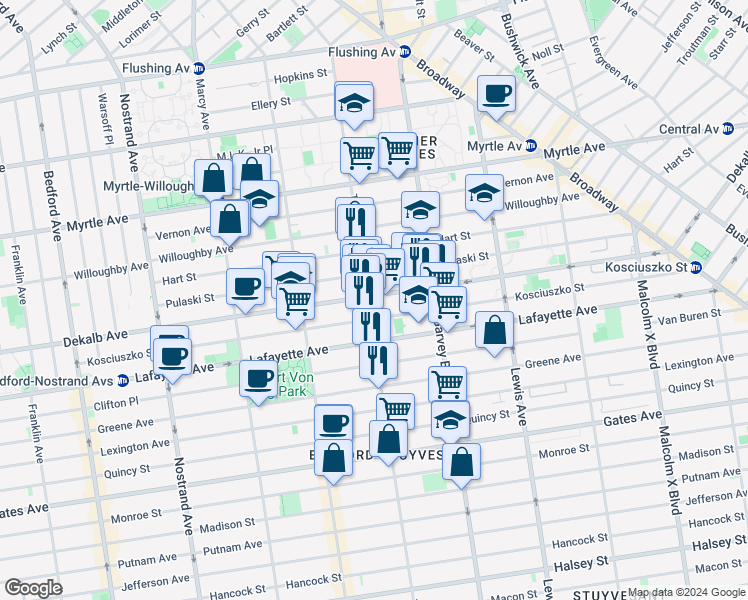 map of restaurants, bars, coffee shops, grocery stores, and more near 836 DeKalb Avenue in Brooklyn